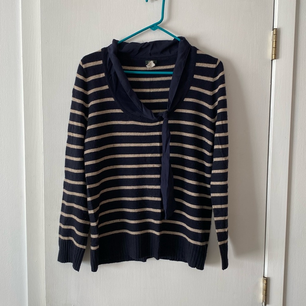 J. Crew Navy and Tan Striped V-Neck Sweater